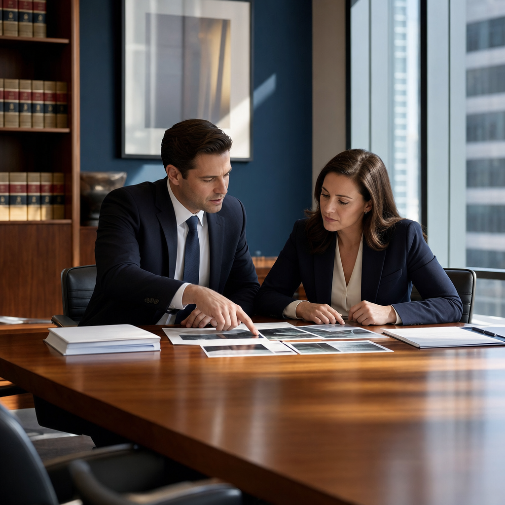 Two attorneys collaborating over case exhibits and documents, representing the outside-counsel legal support services from The Mitchell Law Firm.